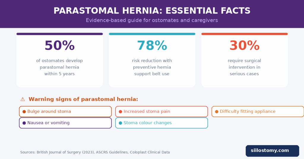 SIIL Ostomy Quick Fix Playbook Parastomal hernia infographic: 50% of ostomates develop hernia within 5 years, warning signs, 78% risk reduction with support belt