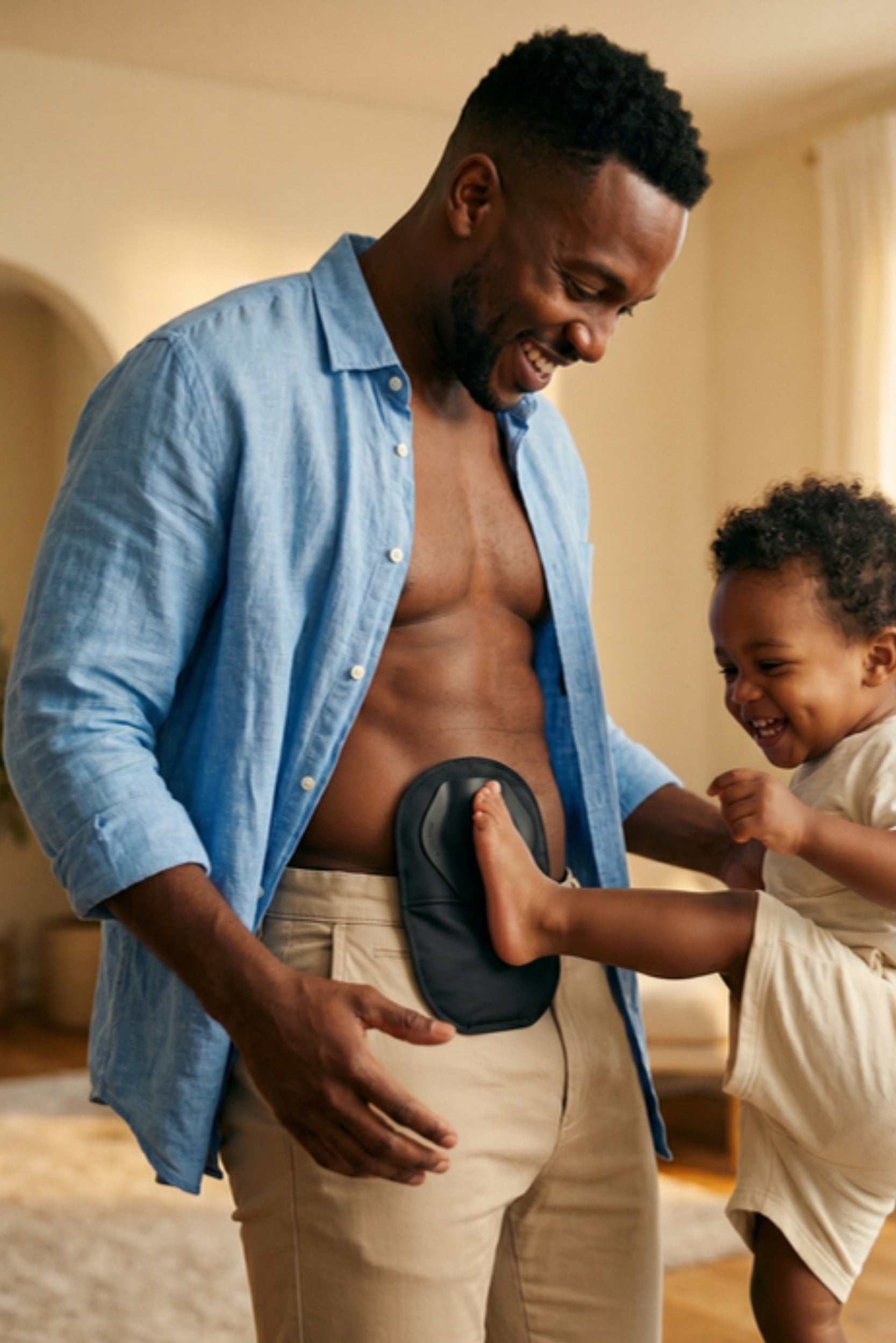 Father with toddler at home, SIIL Wrap Navy visible