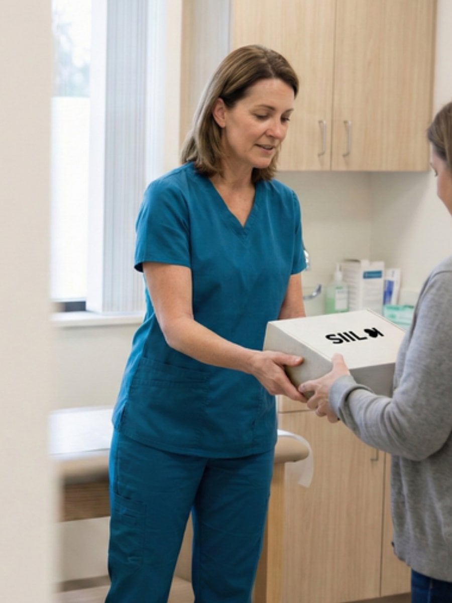 SIIL Ostomy — stoma nurse handing a SIIL kit to a patient, clinical setting