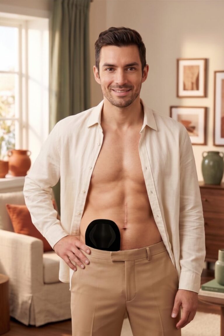 Man in an open cream shirt with a round black stoma guard over his bag in the living room