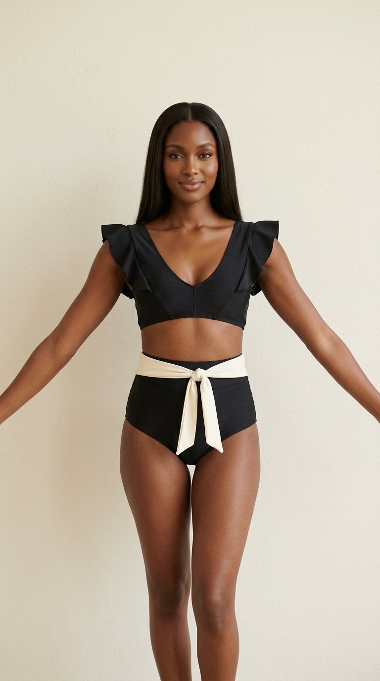 Woman pulling on the SIIL Marbella high-waisted bikini swimsuit