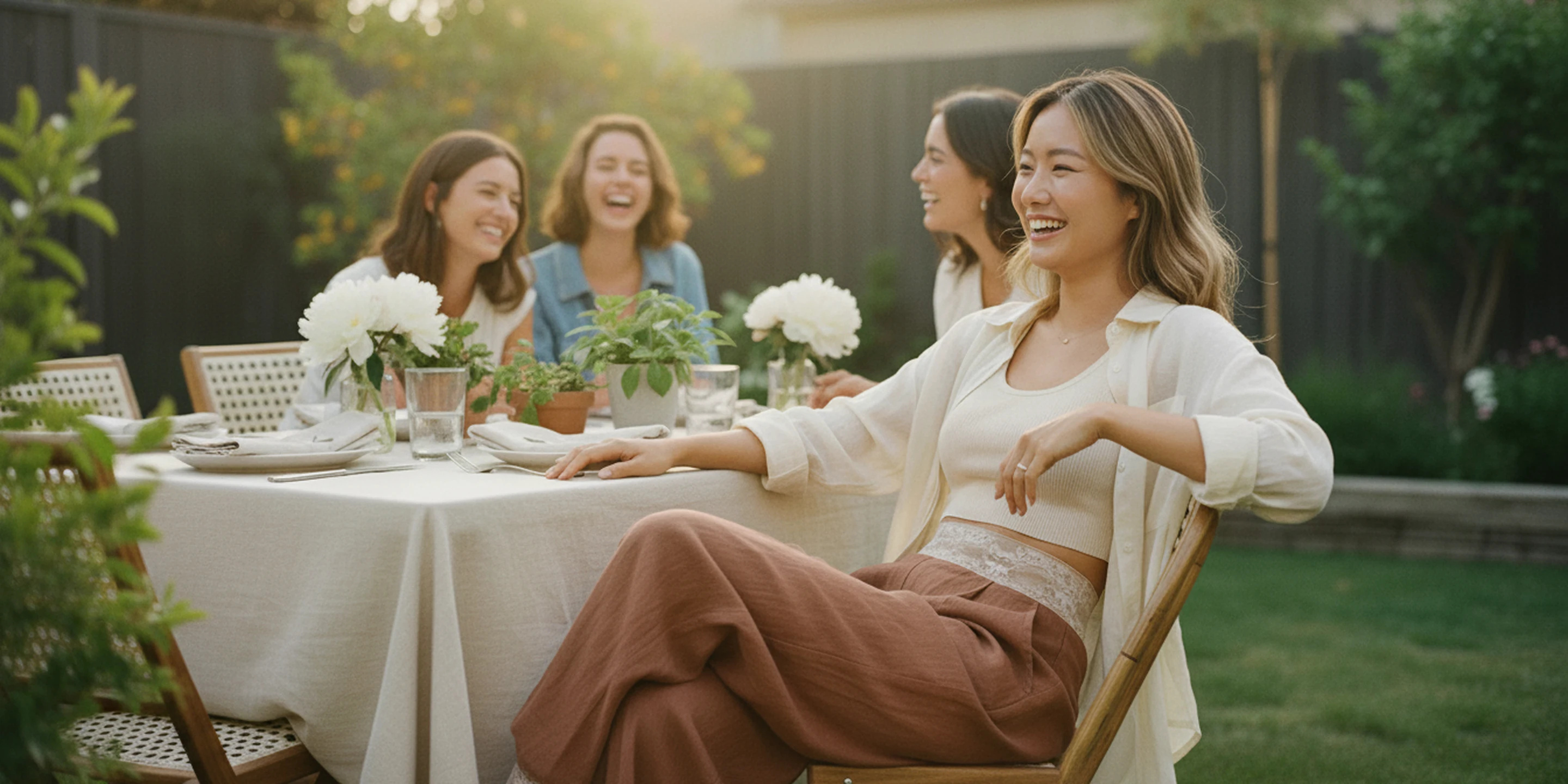 SIIL Wrap MIA Cream — Sofia con amigas en el jardín, ostomizada real