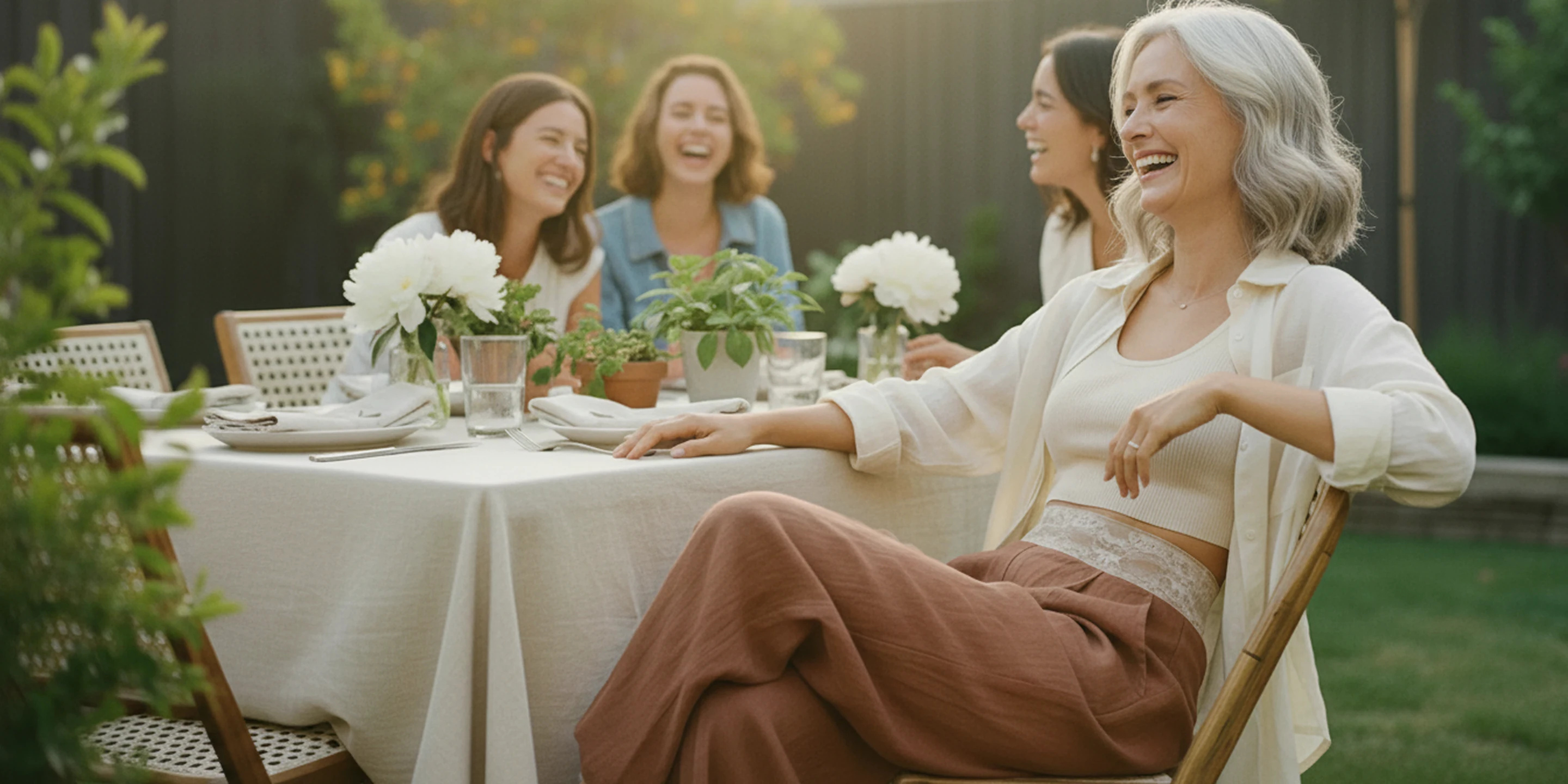 SIIL Wrap MIA Cream — Mollie en terraza hora dorada, ostomizada real