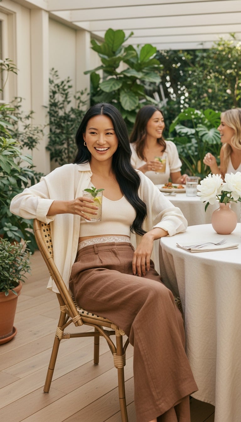 SIIL Wrap MIA Cream — Kim with friends in garden, real ostomate (portrait)