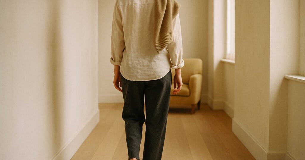 How to Hide a Stoma Bag Under Clothes UK: Style Guide 2026 Rear view of someone in a cream linen shirt and charcoal trousers walking through a sunlit home