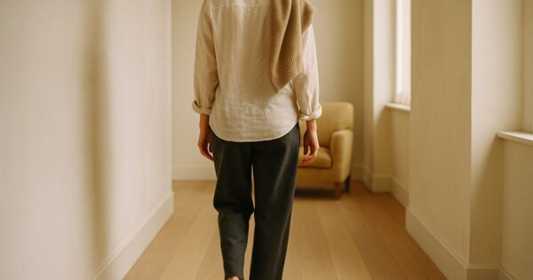 Rear view of someone in a cream linen shirt and charcoal trousers walking through a sunlit home