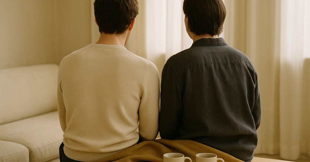 Sex and Stoma: Recommendations and tips Two people seen from behind sitting close on a linen sofa under a shared throw, morning light