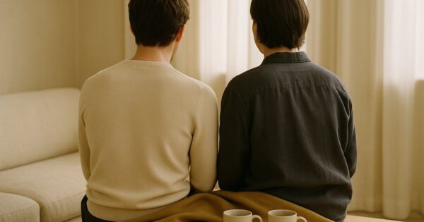 Two people seen from behind sitting close on a linen sofa under a shared throw, morning light
