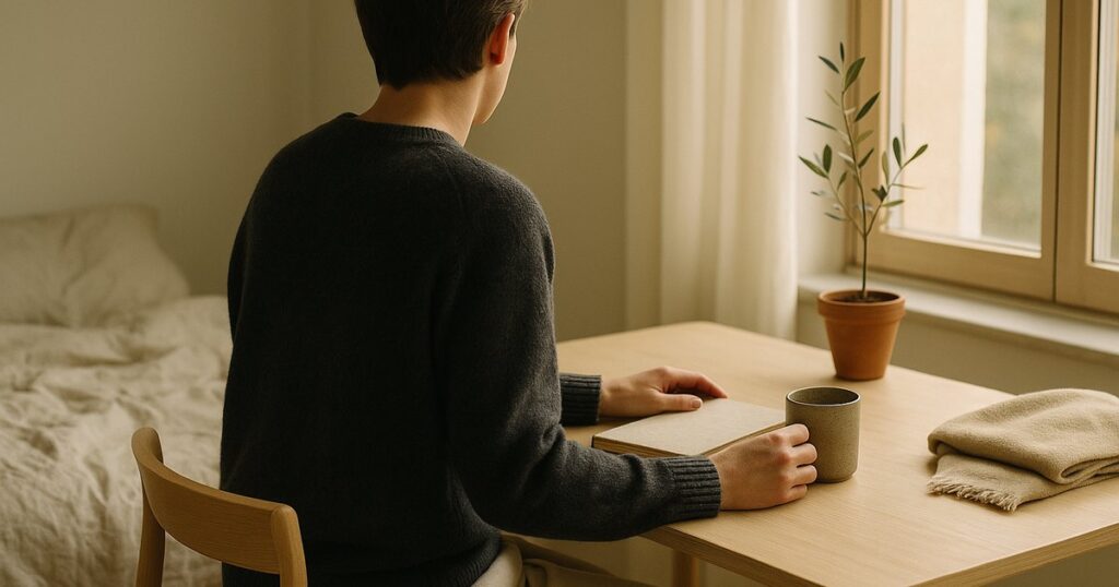 Person from behind in a charcoal knit by a sunlit window, journal and tea on a wooden table