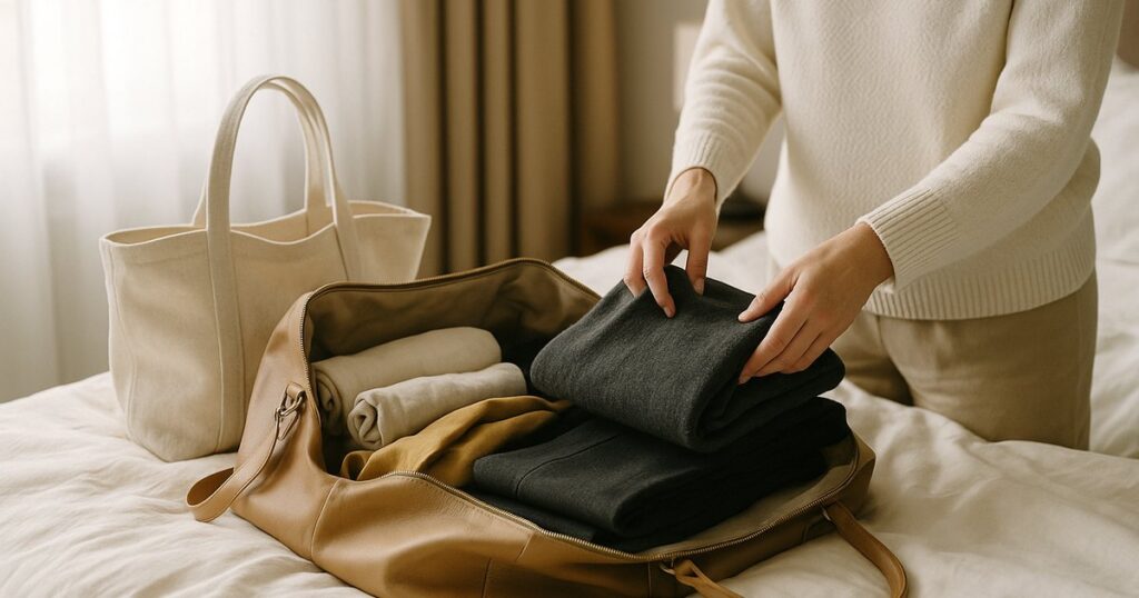 Open leather weekend bag and cream tote on a hotel bed, hands folding a sweater in soft light