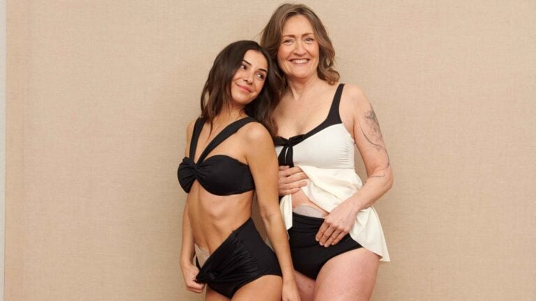 Women on the beach in SIIL ostomy swimsuits with inner pouch pockets