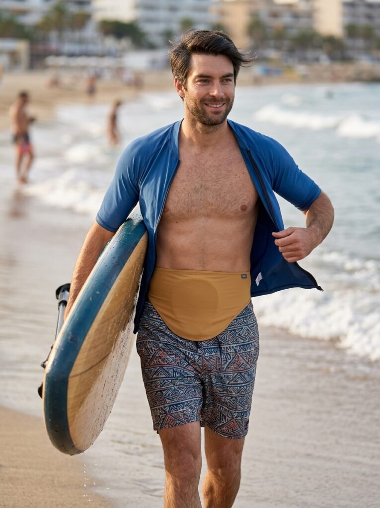 beige colostomy bag cover belt for paddleboarding man carrying a paddleboard on the beach in a beige ostomy belt, his colostomy bag cover