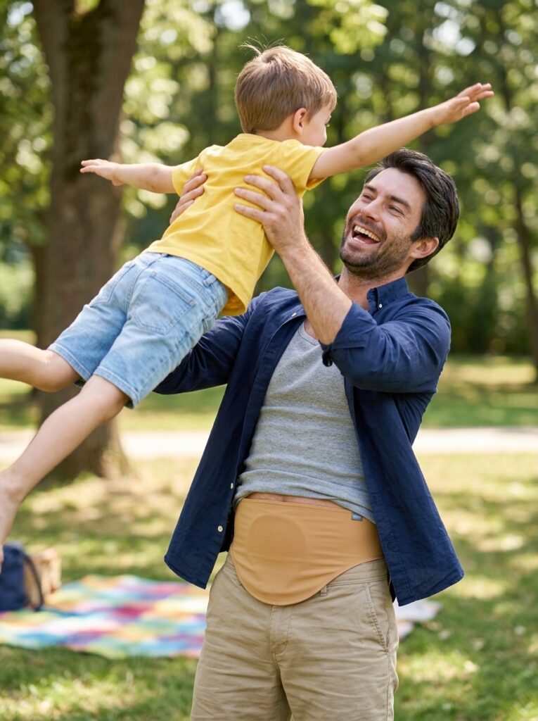 beige ostomy bag cover belt for dads father lifting his son in the park with a beige ostomy belt as his ostomy bag cover