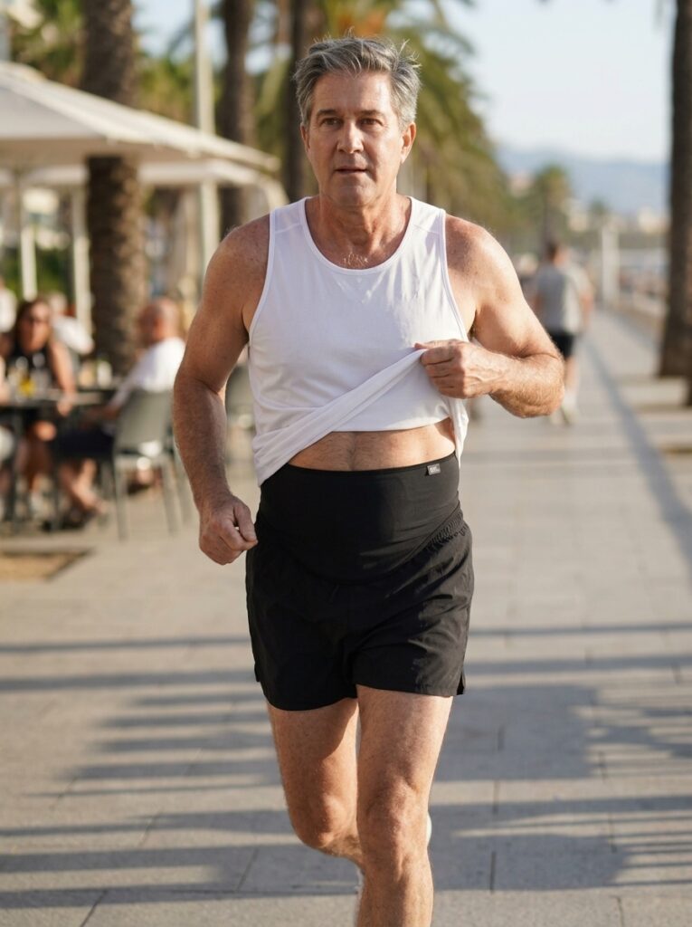 black ostomy bag cover belt for running man running on the seafront in a black ostomy belt as his ostomy bag cover