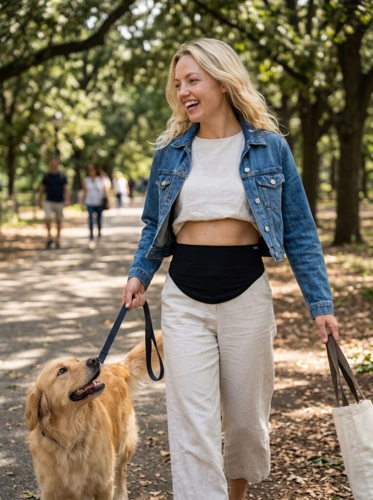 black ostomy bag cover belt for gentle walks woman walking her dog in the park with a black ostomy belt as her ostomy bag cover