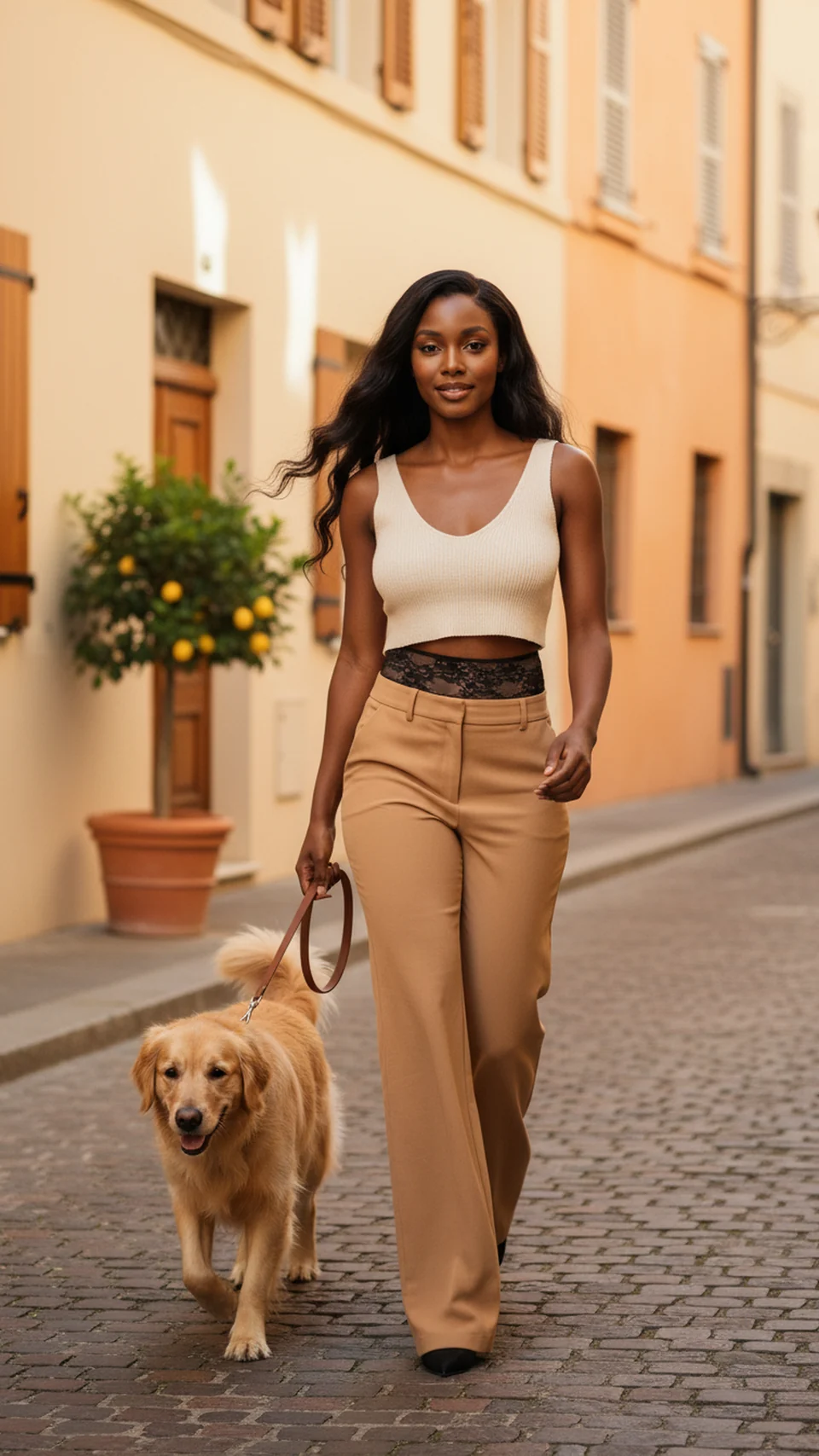 Woman walking a golden retriever along a sunny cobbled street, in a cream crop top with a black lace waistband above camel trousers