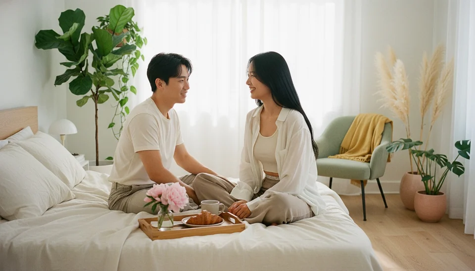 Couple sitting on a bed with a breakfast tray in a bright bedroom, both in relaxed white clothes