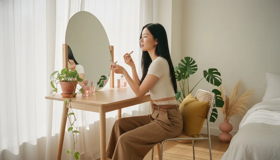 Woman sitting at a bright dressing table doing her make-up in the morning, in a cream top and loose trousers