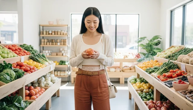 Mujer sosteniendo una manzana en una frutería, con banda de encaje crema y pantalón teja.