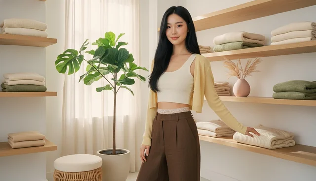 Donna accanto a vestiti piegati, con fascia in pizzo color crema sopra pantaloni marroni a vita alta.
