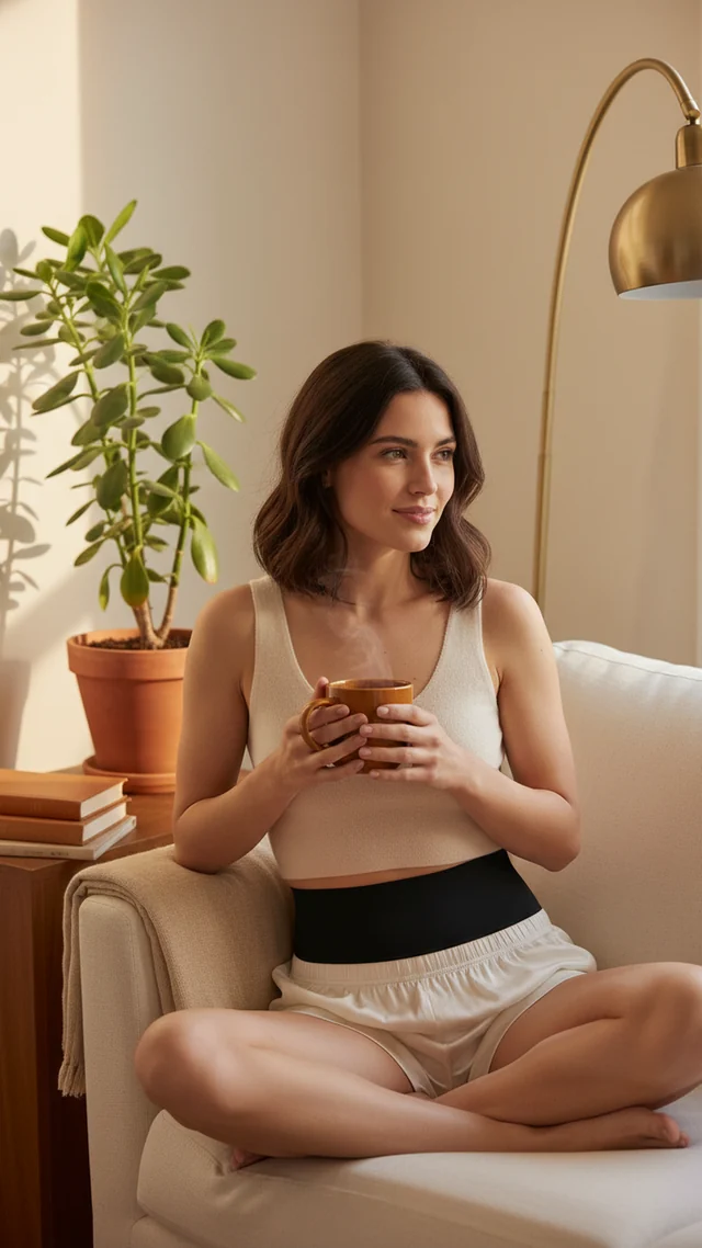 Femme sur un canapé avec une tasse, un caraco clair, un short clair et un bandeau noir.