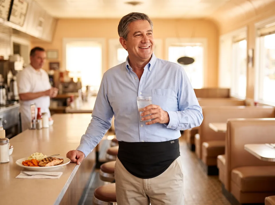 Eating out with an ostomy: man with a glass of iced water at a bright neighborhood diner, black SIIL ostomy belt at his waist