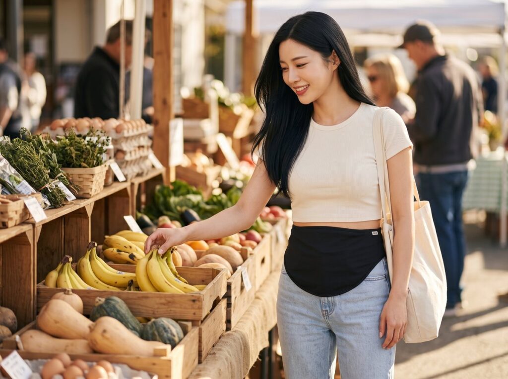 Ostomy diet in everyday life: woman choosing ripe bananas at a farmers market, black SIIL ostomy belt over her jeans