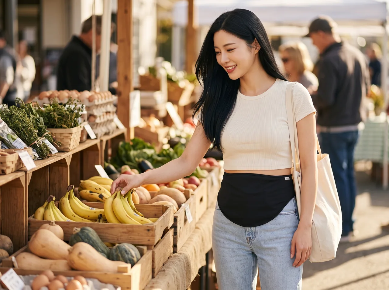 Mulher sorridente a escolher fruta no mercado, com uma faixa SIIL para ostomia preta por baixo da camisola