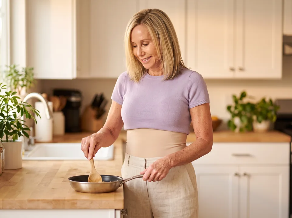 Ostomy diet in the first weeks: woman stirring a soft meal in a pan in her kitchen, beige SIIL wrap at her waist