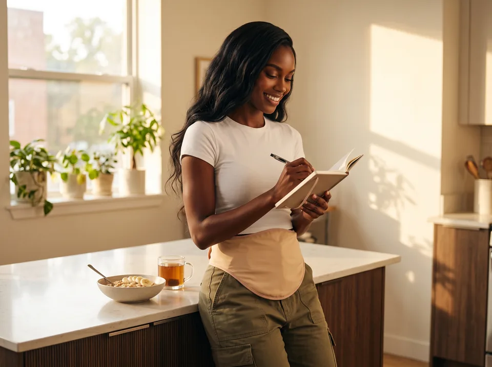 Keeping an ostomy food diary: woman writing a note at her kitchen island next to a bowl of oatmeal, beige SIIL ostomy belt at her waist