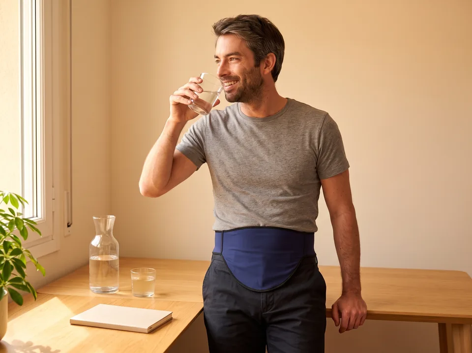 Hydration with an ileostomy: man drinking a glass of water at his home desk, navy SIIL ostomy belt at his waist