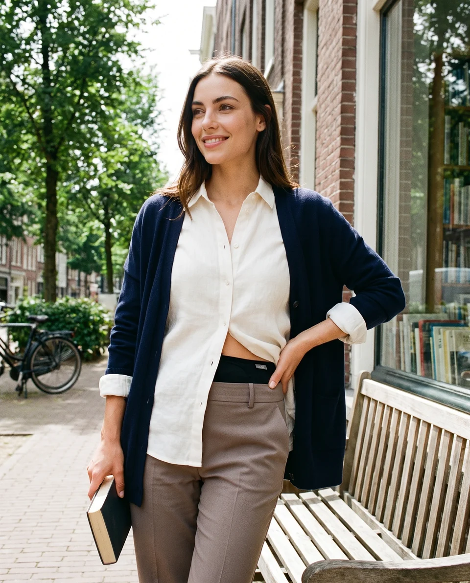Woman outside a bookshop with the black SIIL belt discreetly beneath her blouse.