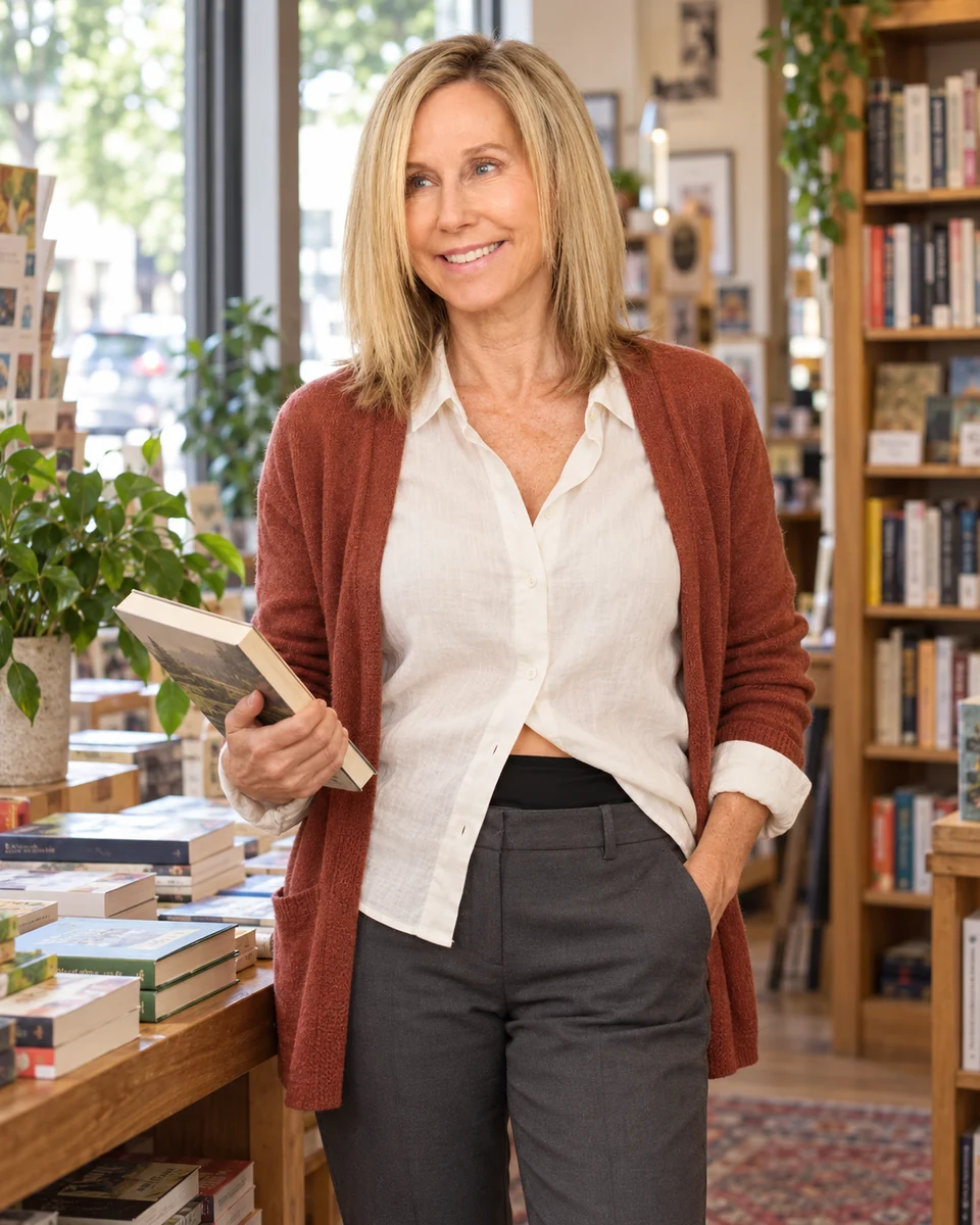 Ostomy Pouch Change: When to Empty and When to Replace Your Bag Woman browsing books, with a black SIIL belt beneath an ivory blouse and rust cardigan.