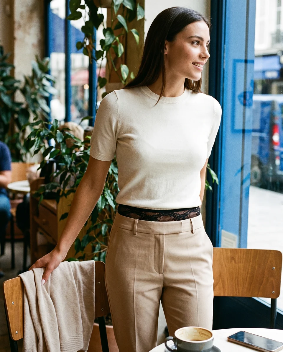 Woman in an ivory top and tailored trousers with a black MIA lace wrap at her waist.