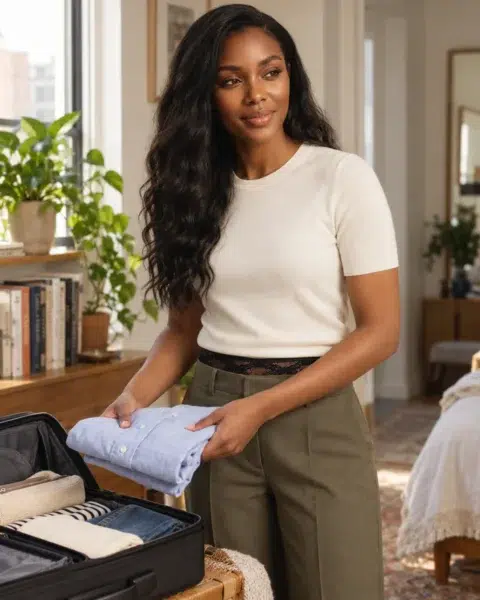 Smiling woman folding a light blue shirt beside an open suitcase, in a cream short-sleeved top and olive trousers with a black lace waistband