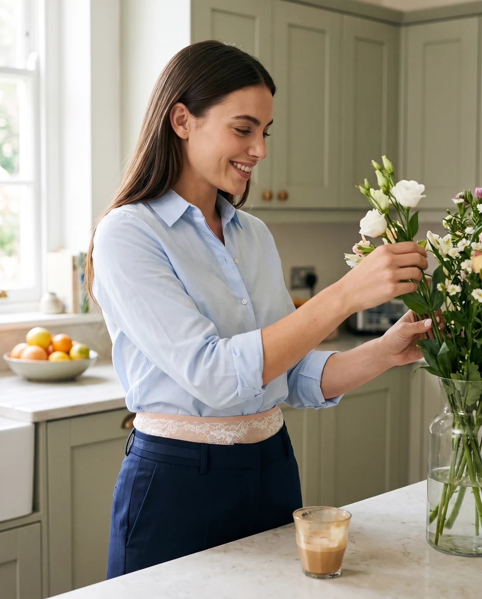 Woman arranging flowers in a blue blouse with a cream MIA lace wrap above navy trousers.