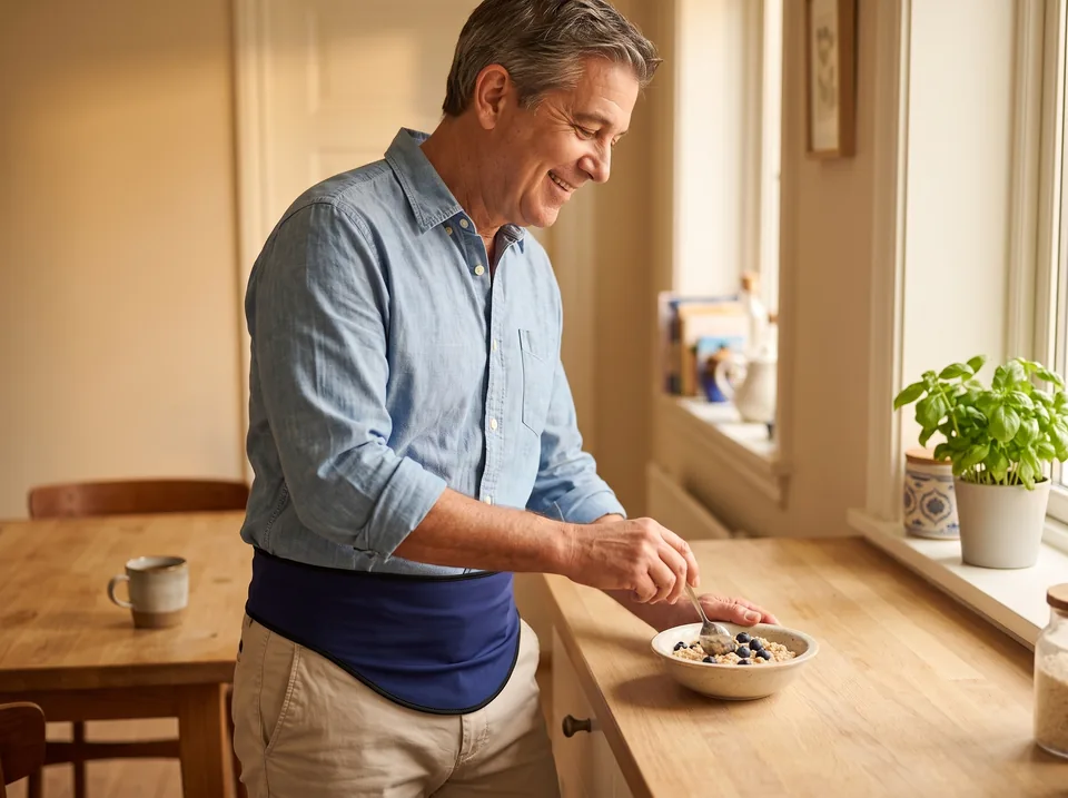 Colostomy care at home, part of an ordinary morning Colostomy care at home: man making breakfast in a sunny kitchen, navy SIIL ostomy belt holding his pouch
