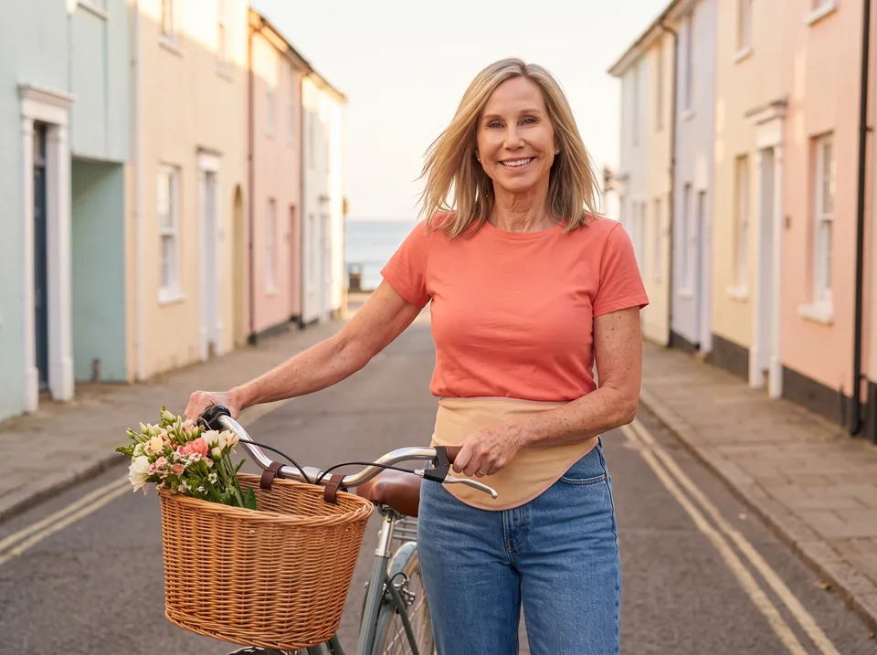 Getting out and about with a colostomy Colostomy care and confidence: woman about to ride a bicycle in a seaside town, beige SIIL ostomy belt over her jeans