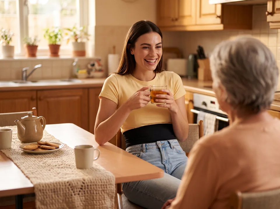 Family support for someone with a colostomy Caring for someone with a colostomy: woman laughing over tea with a relative at the kitchen table, black SIIL wrap under her top