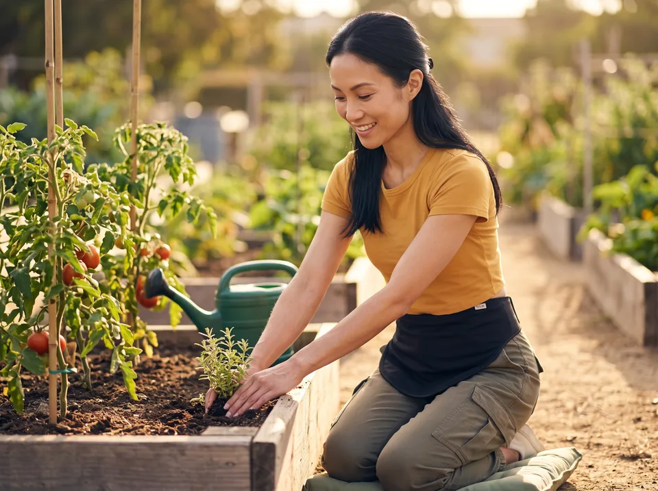 Gardening and staying active with a colostomy Daily life with a colostomy: woman planting herbs in a community garden, black SIIL ostomy belt at her waist
