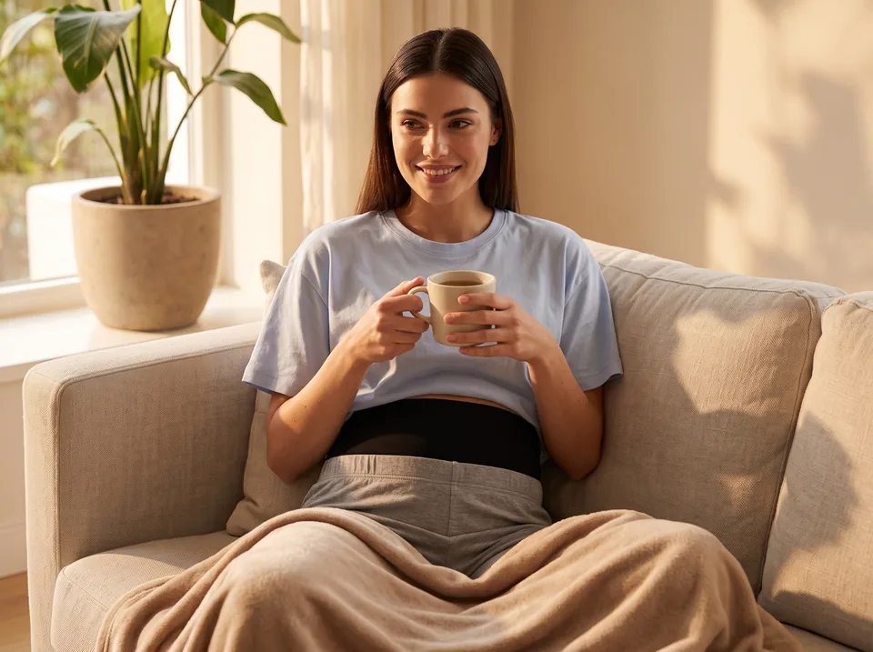 First days at home after colostomy surgery: woman resting on her sofa under a soft blanket with a cup of tea, black SIIL wrap under her loose T-shirt