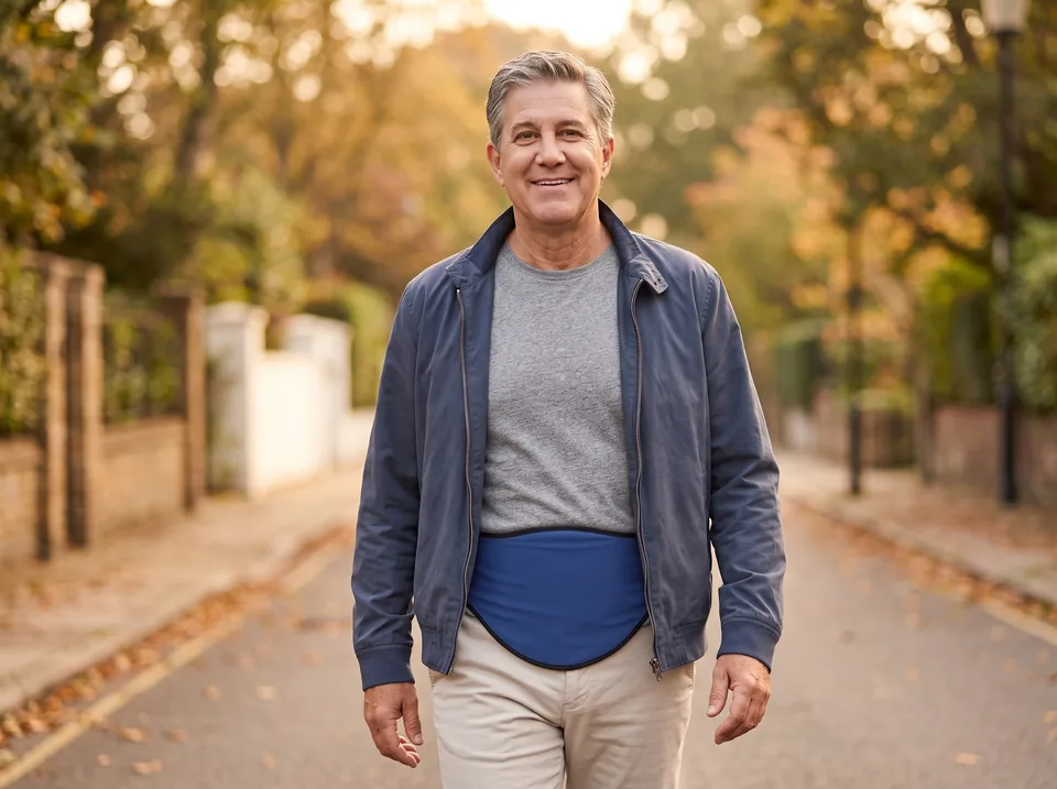 Recovery after colostomy surgery: man on a slow, easy walk along a leafy residential street, blue SIIL stoma belt over his T-shirt