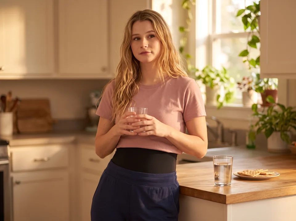 Escucharte en un día de alto débito: mujer de pie junto a la encimera de su cocina con un vaso de agua y la faja SIIL negra bajo la camiseta
