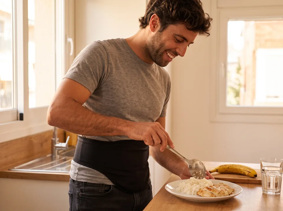 Comida para una ileostomía de alto débito: hombre sirviendo arroz blanco y pollo en la encimera de su cocina, con el cinturón de ostomía SIIL negro sobre la camiseta