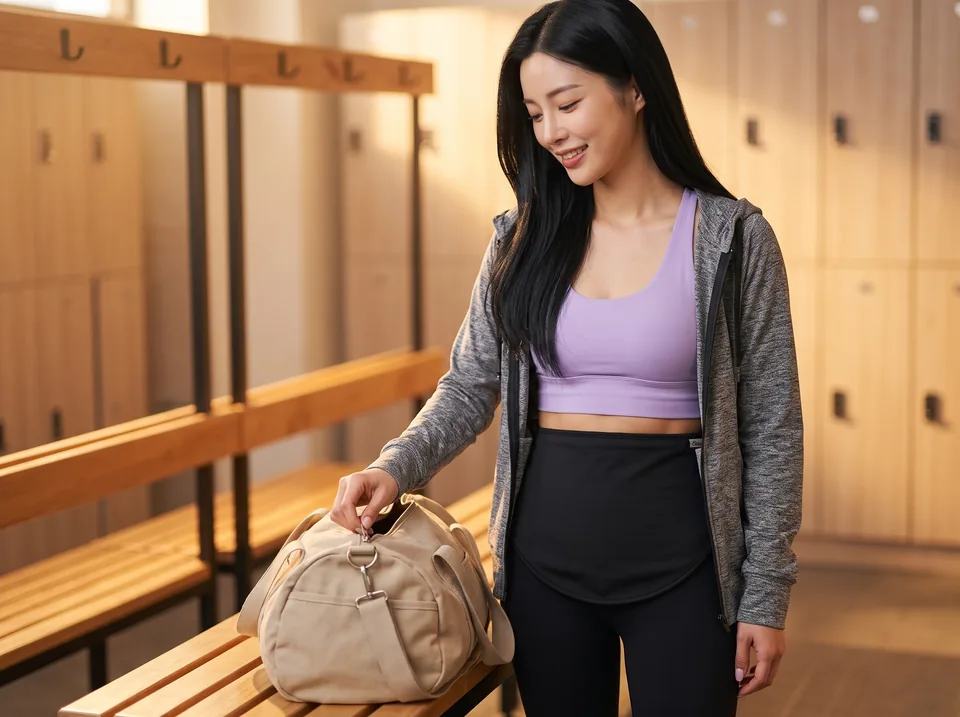 Packing a stoma cleaning kit for the gym Ostomy change kit on the go: woman zipping a sports bag at a gym bench after a workout, black SIIL ostomy belt at her waist