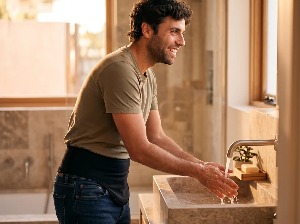 Washing hands before cleaning a stoma How to clean a stoma: man washing his hands at a stone sink before a pouch change, black SIIL ostomy belt at his waist