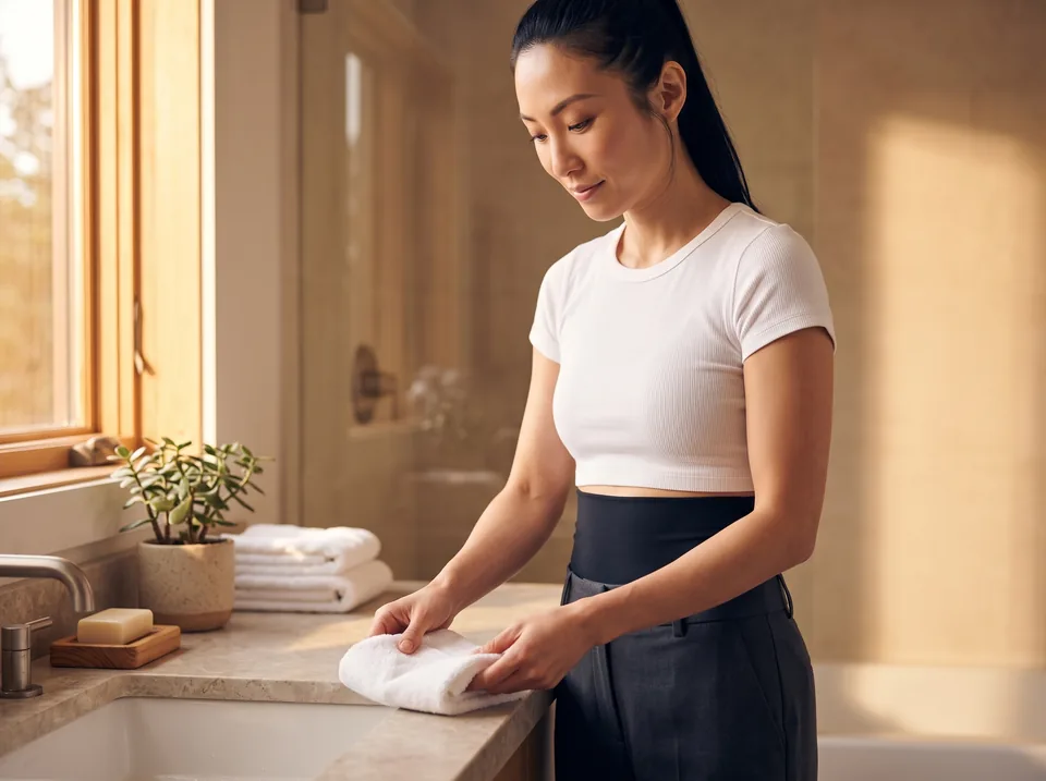 Cleaning an ostomy bag at home How to clean an ostomy bag: woman folding a hand towel by a stone bathroom sink, black SIIL wrap above her waistband