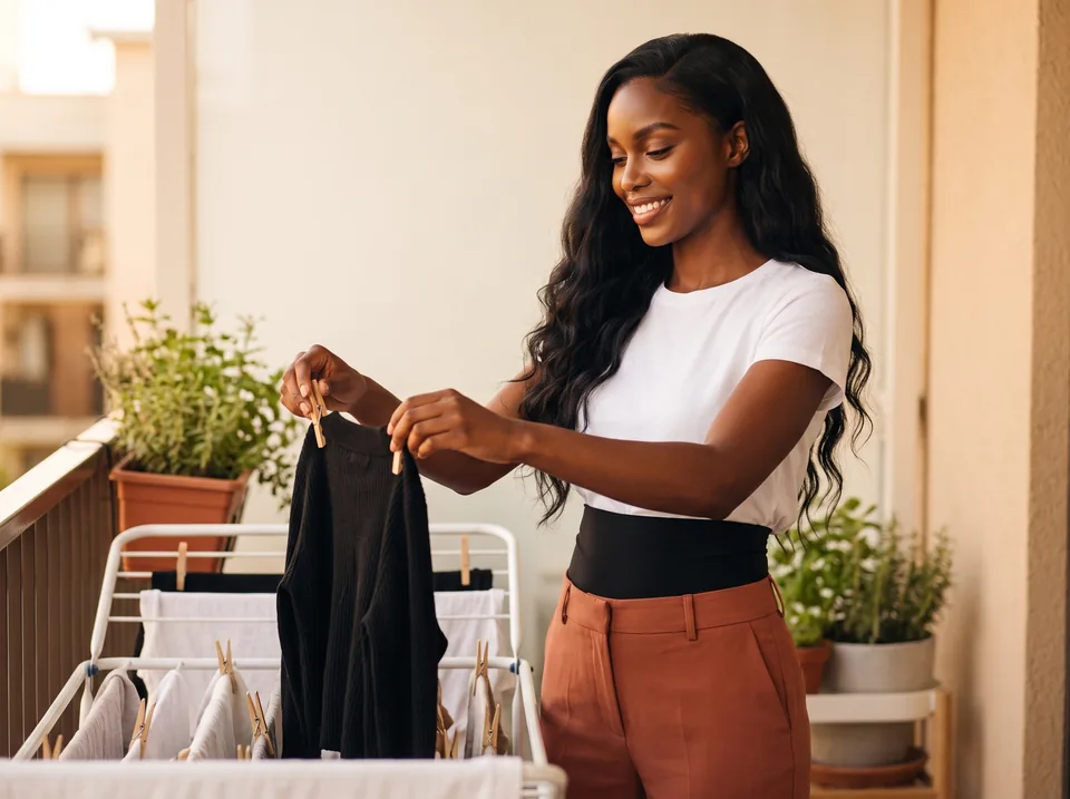 Air-drying SIIL ostomy garments after washing Washing ostomy garments: woman hanging soft black garments on a drying rack on her balcony, black SIIL wrap at her waist