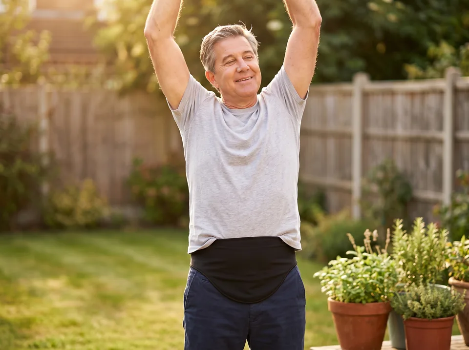 Healthy habits with an ileostomy: man stretching in his garden in the morning, black SIIL ostomy belt over a gray tee