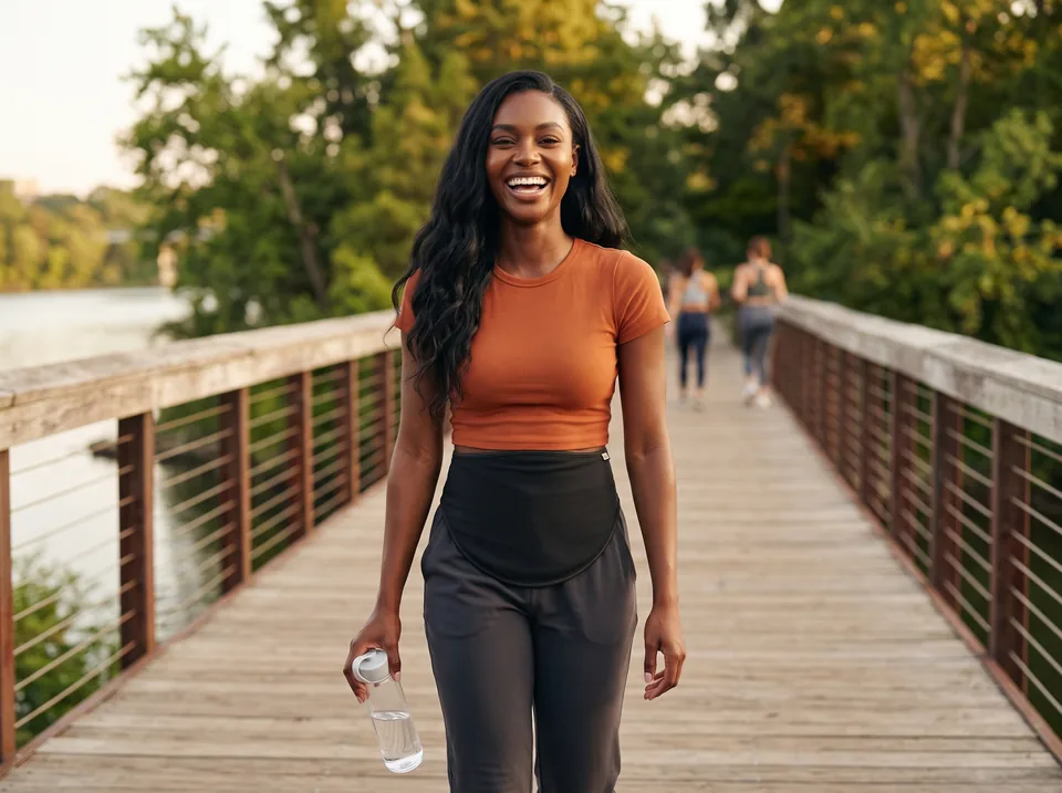 Living with an ileostomy: woman laughing on a park bridge with a water bottle, wearing a black SIIL ostomy belt